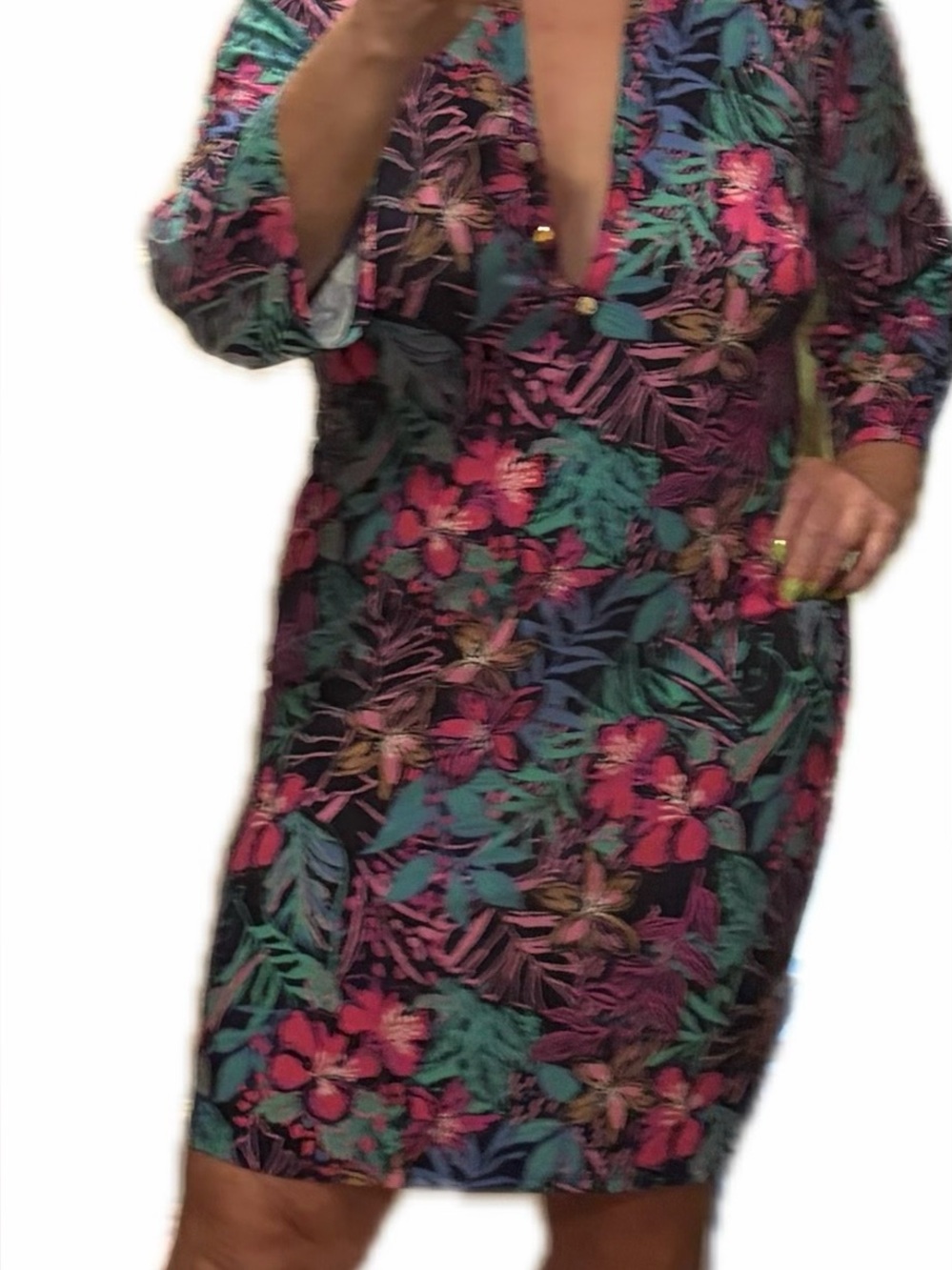 NWT Papagallo Tropical Button V-neck Dress in Black with Pink & Teal - Picture 3 of 8